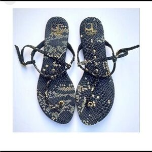 J Slides Women’s Thong Sandals 8 Snakeskin Black Gold Adjustable Summer Flipflop